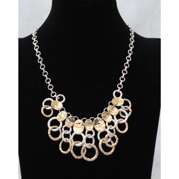 Vintage Light Gold and Silver Statement Necklace with Multiple Ring Drops N61 - Picture 3 of 3